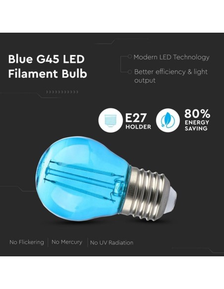 V-TAC VT-2132 7412 LED Gloeilamp E27 2W G45 Filament, Kleur Blauw