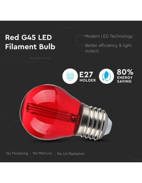 V-TAC VT-2132 7413 LED Bulb E27 2W G45 Filament, Red Colour