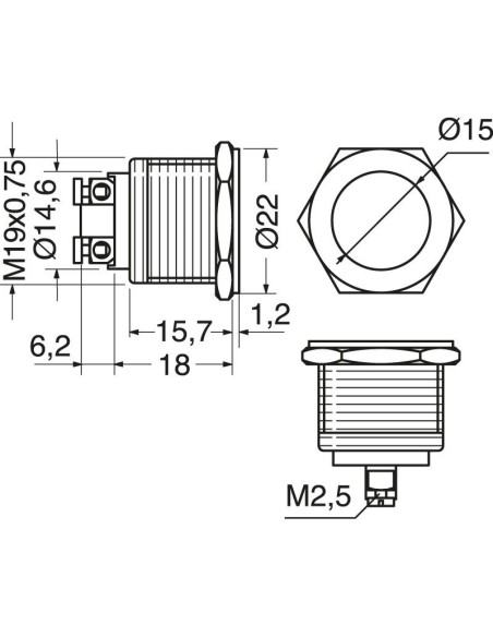 Single-pole metal pushbutton with normally open contact, mounting hole Ø19mm, IP20 - 250V 2A
