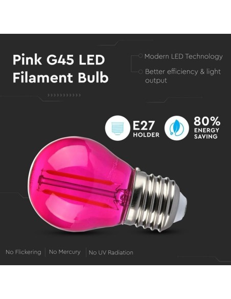 V-TAC VT-2132 7410 LED Bulb E27 2W G45 Filament, Colour Pink