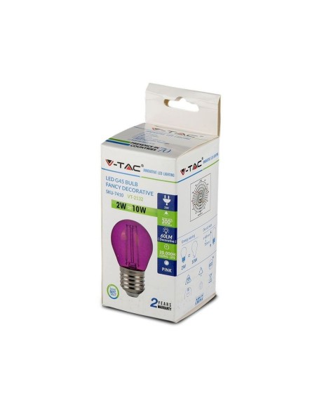 V-TAC VT-2132 7410 LED Bulb E27 2W G45 Filament, Colour Pink