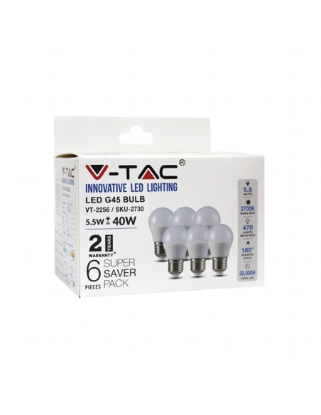 V-TAC VT-2256 Box 6 LED bulbs E27 5.5W G45