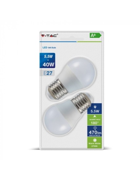 V-TAC VT-2166 Blister of 2 LED bulbs E27 5.5W G45