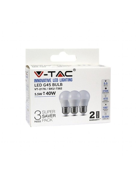V-TAC VT-2176 Boîte 3 ampoules LED E27 5.5W G45