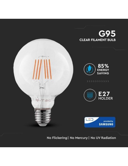 V-TAC PRO VT-286 294 Samsung Chip LED Bulb E27 6W G95 Filament 2700K