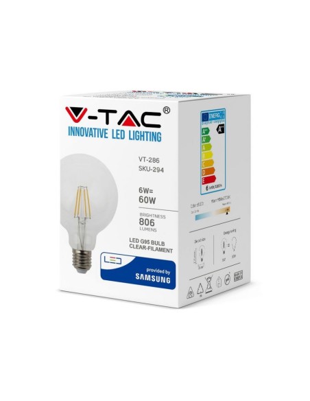 V-TAC PRO VT-286 294 Samsung Chip LED Bulb E27 6W G95 Filament 2700K