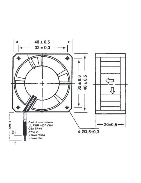 Axiallüfter 40x40x20mm Thermoplast, Durchführungen, 24Vdc 0.09A, 7000 U/min - Commonwealth FP-108G/24VDC