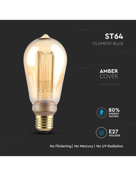 V-TAC VT-2185 7474 LED Bulb E27 4W ST64 Filament Amber 1800K