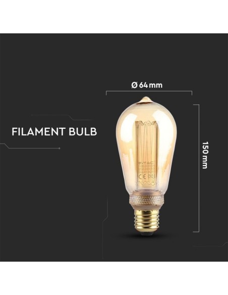 V-TAC VT-2185 7474 LED Bulb E27 4W ST64 Filament Amber 1800K