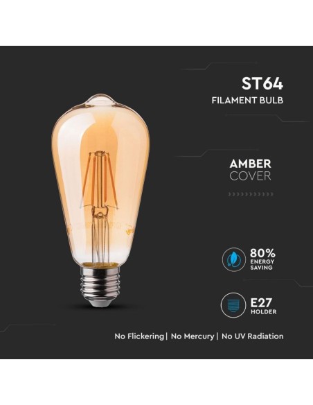 V-TAC VT-1966 4362 LED Bulb E27 6W ST64 Filament Amber 2200K