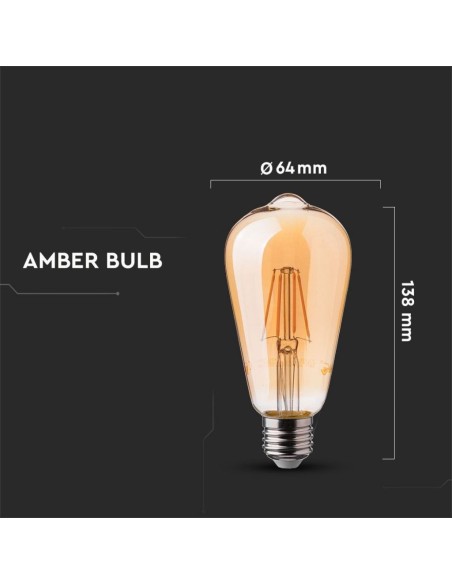 V-TAC VT-1966 4362 LED Bulb E27 6W ST64 Filament Amber 2200K