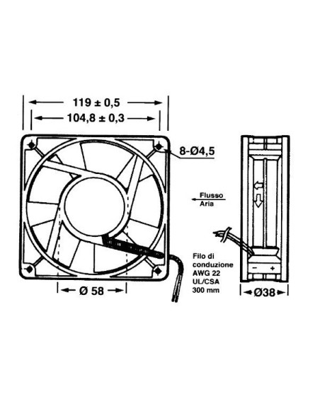 Axiale 120x120x38mm metaalventilator, kogellagers, 24Vac 0.67A, 3000 rpm - Commonwealth FP-108-1/24VAC