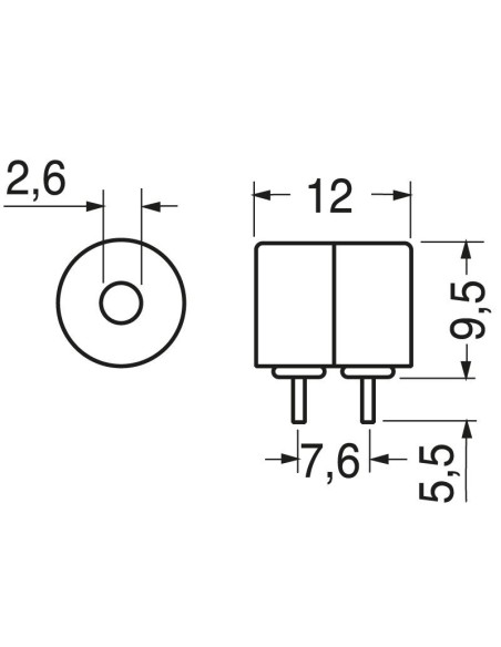 Elektromagnetische zoemer met oscillatorschakeling voor printplaat, ⌀12mm, 85dB, 12Vdc 30mA - Kepo KPX-G1212A