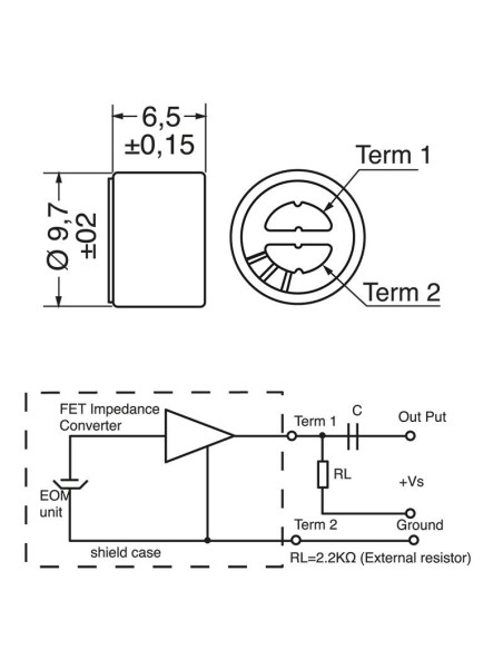 Capsule de microphone omnidirectionnel, ⌀9.7mm, 4.5V - Kepo KPCM-G97H67-46dB