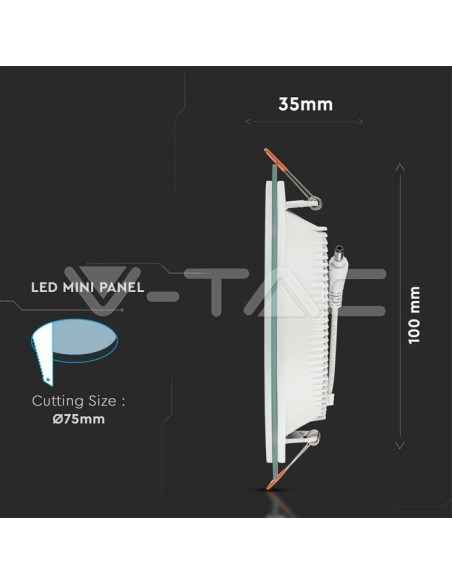 V-TAC VT-602G 4740 Panneau rond en verre LED 6W montage encastré