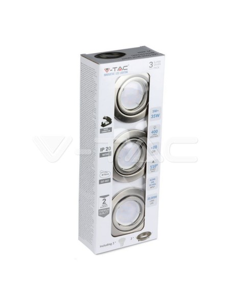 V-TAC VT-4444 8884 Lot de 3 porte-spots ronds à LED GU10 couleur nickel satiné avec spots de 5W inclus