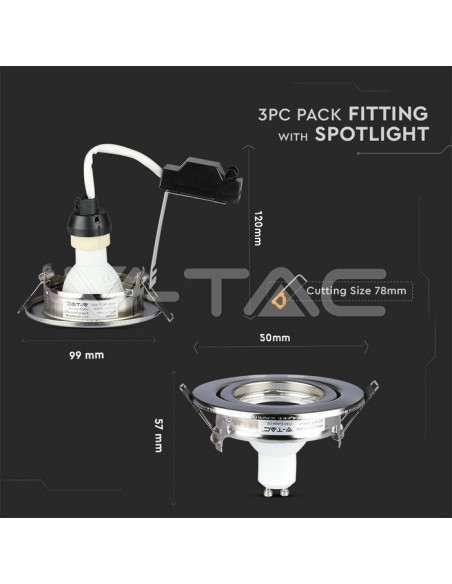 V-TAC VT-4444 8884 Pack of 3 Round GU10 Satin Nickel Colour LED Spotlight Holders with 5W Spotlights Included