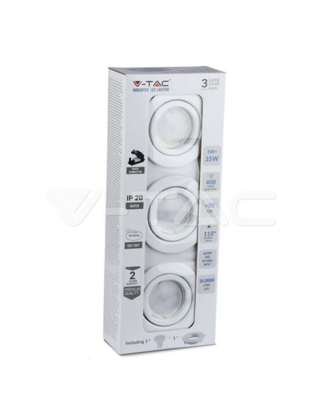 V-TAC VT-3333 Pack of 3 GU10 Round LED spotlight holders White Colour with 5W spotlights included
