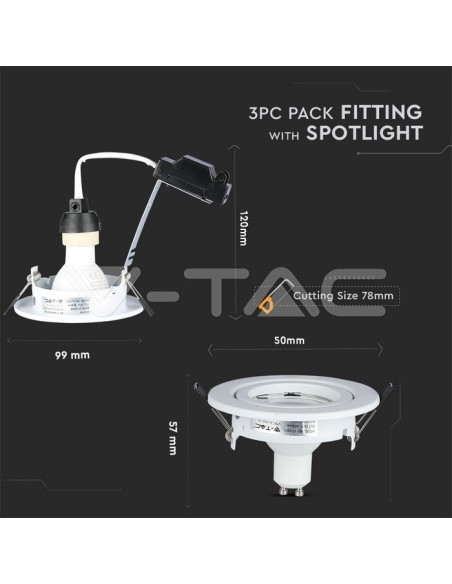 V-TAC VT-3333 Pack of 3 GU10 Round LED spotlight holders White Colour with 5W spotlights included