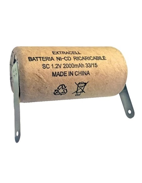 Rechargeable Ni-Cd SC 1.2V 2000mAh battery with cardboard cover and solder tabs
