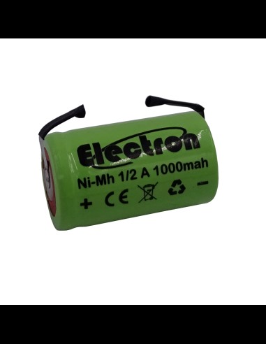 Rechargeable Ni-Mh 1/2A 1.2V 1000mAh battery with solder tabs