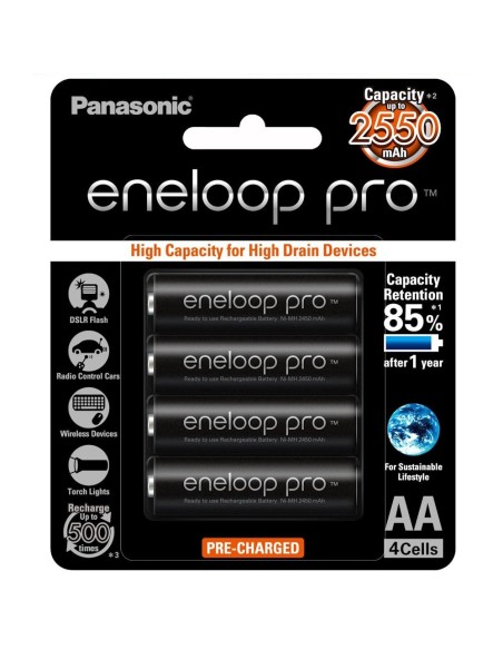 Blister da 4 batterie ricaricabili Ni-Mh stilo AA 1,2V 2550mAh Panasonic "Eneloop Pro"