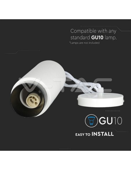 V-TAC VT-864 3112 LED Round Pendant Spot Holder GU10 Corps en plâtre blanc et base en métal noir