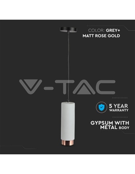 V-TAC VT-864 3130 LED Round Pendant Spot GU10 Corps en plâtre gris et base en métal or rose