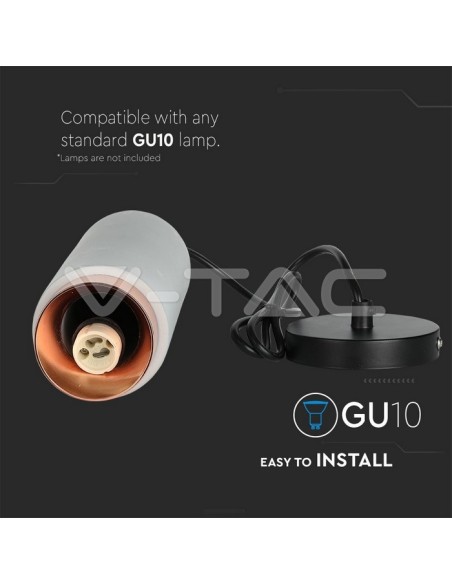 V-TAC VT-864 3130 LED-Pendelleuchte rund GU10 mit grauem Gipsgehäuse und roségoldenem Metallsockel