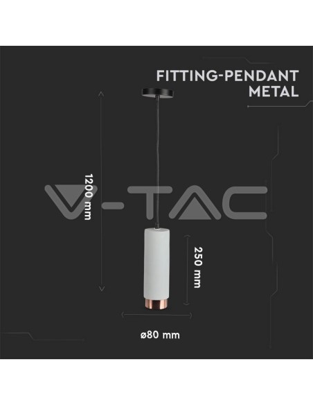 V-TAC VT-864 3130 LED-Pendelleuchte rund GU10 mit grauem Gipsgehäuse und roségoldenem Metallsockel