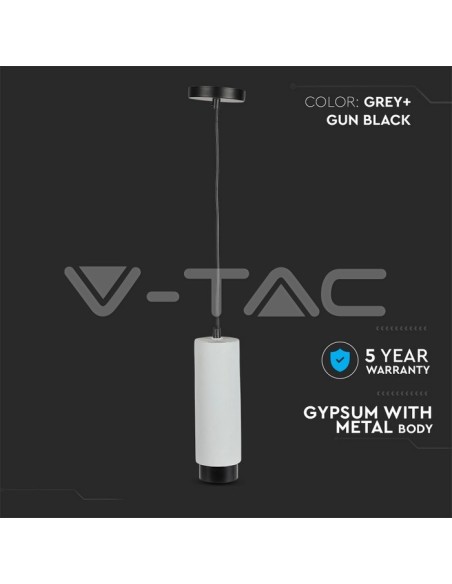 V-TAC VT-864 3134 LED-Pendelleuchte rund GU10 mit grauem Gipsgehäuse und schwarzem Metallsockel