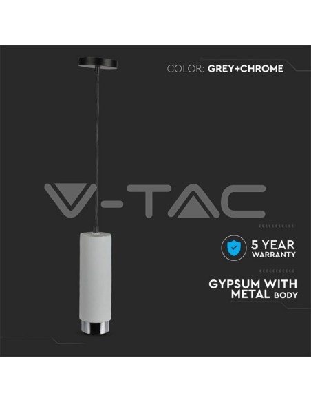 V-TAC VT-864 3135 LED-Pendelleuchte rund GU10 mit grauem Gipsgehäuse und verchromtem Metallsockel