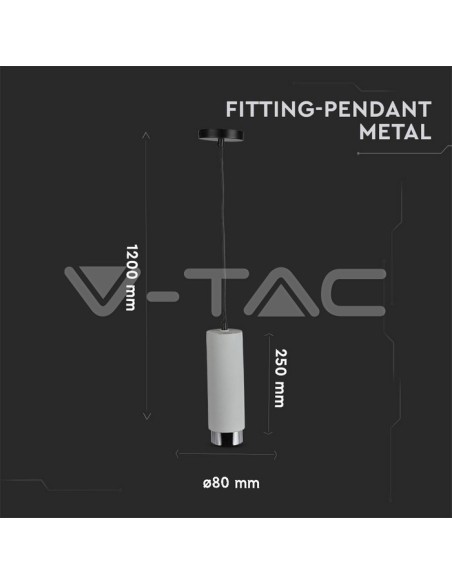 V-TAC VT-864 3135 Foco colgante redondo LED GU10 Cuerpo de yeso gris y base metálica cromada