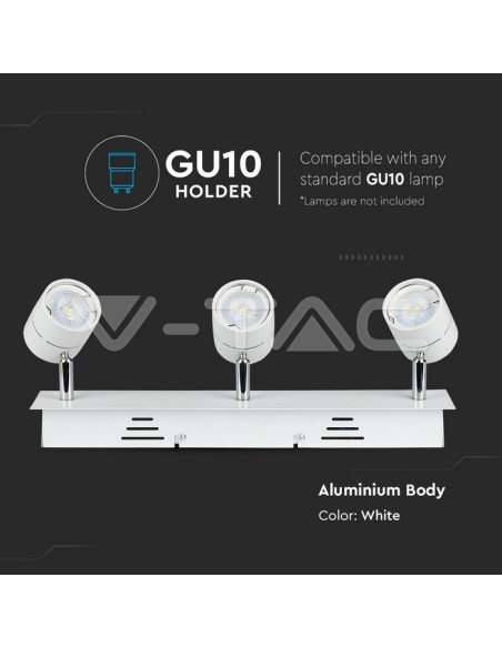 V-TAC VT-790 3619 Surface Mount LED Spotlight Holder with 3xGU10 Swivel Arm White
