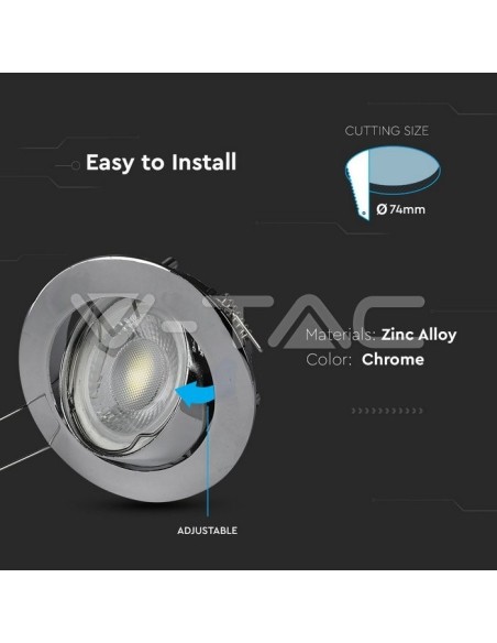 V-TAC VT-779 3589 Round Adjustable Recessed LED Spotlight GU10 Chrome Colour