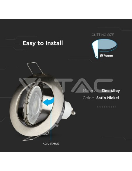 V-TAC VT-779 3588 Round Adjustable Recessed LED Spotlight GU10 Satin Nickel Colour