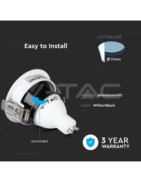 V-TAC VT-873 3157 Foco LED redondo ajustable GU10 blanco con carcasa negra