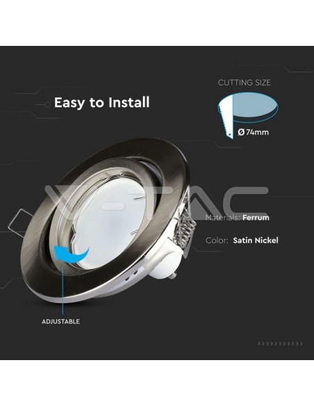 V-TAC VT-7227 3470 ronde verstelbare inbouw LED Spotlight GU10 Satijn Nikkel Kleur