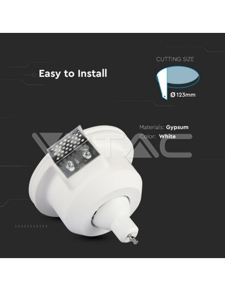 V-TAC VT-801 3692 Round Recessed LED Spotlight GU10 White Plaster Body with Satin Cover