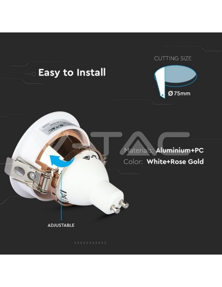 V-TAC VT-873 3159 Runder verstellbarer LED-Einbaustrahler GU10 Farbe Weiß mit Roségold