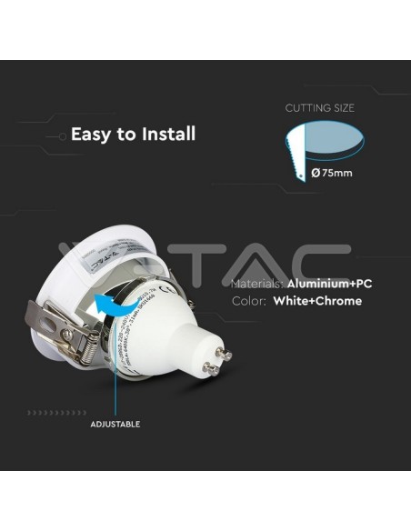 V-TAC VT-873 3160 Runder GU10 verstellbarer LED-Einbaustrahler Weiß mit Chrom Finish