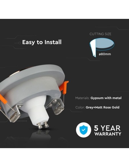 V-TAC VT-862 3124 Spot encastré rond à LED GU10 Corps en béton gris et intérieur en métal or rose