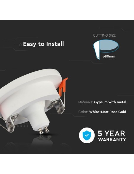 V-TAC VT-862 3123 Round Recessed LED Spotlight GU10 White Plaster Body and Rose Gold Metal Interior