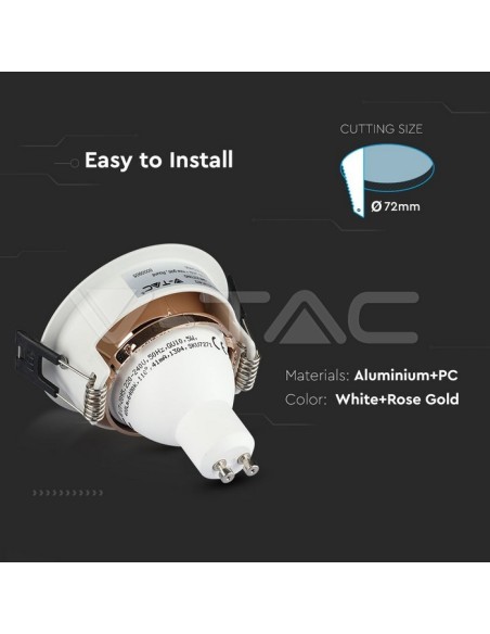 V-TAC VT-872 3155 Round Adjustable Recessed LED Spotlight GU10 White Colour with Pink Gold Interior