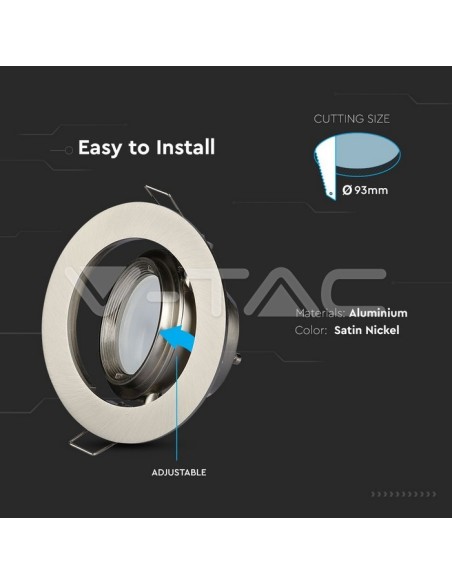 V-TAC VT-700 3690 Round Adjustable Recessed LED Spotlight GU10 Satin Nickel Colour