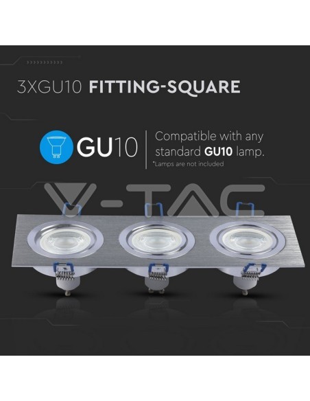 V-TAC VT-784 3610 Rechteckiger einstellbarer LED-Einbaustrahler 3xGU10 Gebürstetes Aluminium