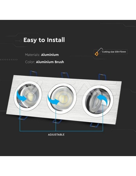 V-TAC VT-784 3610 Foco LED Rectangular Ajustable 3xGU10 Aluminio Cepillado