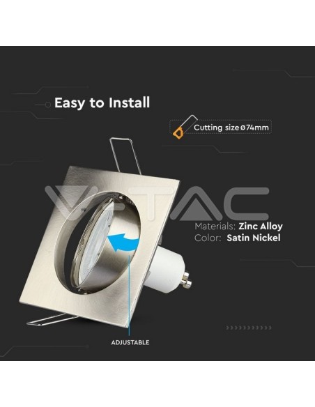V-TAC VT-779 3591 Square Adjustable Recessed LED Spotlight GU10 Satin Nickel Colour
