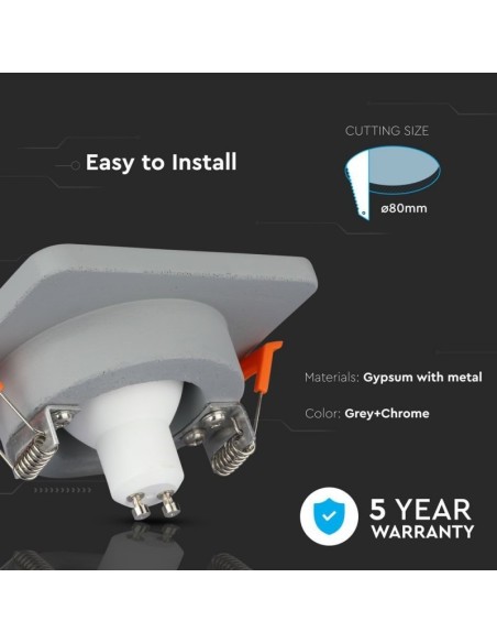 V-TAC VT-862 3120 Vierkante LED inbouwspot GU10 Grijs Beton Corpus en Chroom Metalen Binnenkant