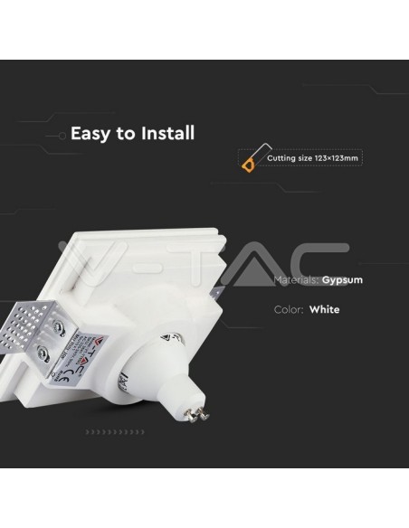 V-TAC VT-776 3641 Quadratischer LED-Einbaustrahler GU10 Gipskörper Weiß